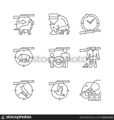 Animal hunter linear icons set. Dog handler. Goat and boar hunting. Pigeon shooting. Hunt education. Customizable thin line contour symbols. Isolated vector outline illustrations. Editable stroke. Animal hunter linear icons set