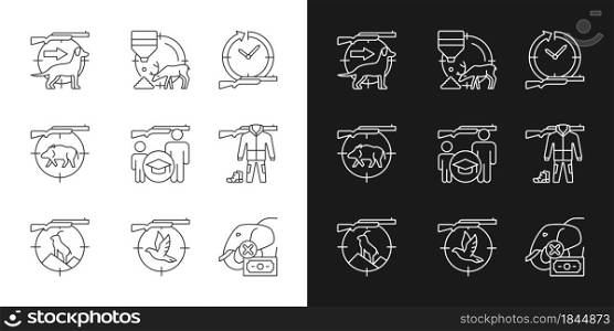 Animal hunter linear icons set for dark and light mode. Dog handler. Pigeon shooting. Illegal animal trade. Customizable thin line symbols. Isolated vector outline illustrations. Editable stroke. Animal hunter linear icons set for dark and light mode