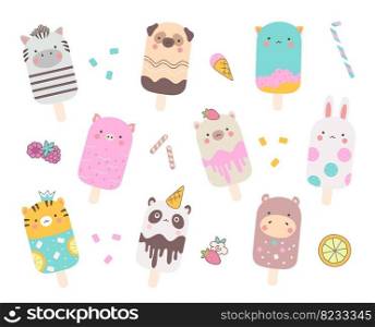 Animal ice cream on stick, eskimo animals collection. Sweet lollipops, children summer dairy and fruits dessert. Funny baby food vector set of food animal dessert, ice cream stick design illustration. Animal ice cream on stick, eskimo cute animals collection. Sweet lollipops, children summer dairy and fruits dessert. Funny baby food nowaday vector set