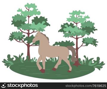 Animal in forest on nature vector, stallion with equipment for rider equestrian sports. Tree and grass natural environment, horse mammal on greenery. Stallion Galloping in Park, Horse in Forest Vector
