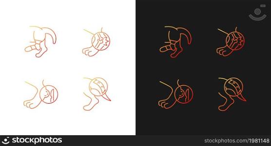 Animal injuries gradient icons set for dark and light mode. Pet diseases. Limb sprains and trauma. Thin line contour symbols bundle. Isolated vector outline illustrations collection on black and white. Animal injuries gradient icons set for dark and light mode
