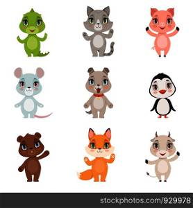 Animal kids collection. Wild crocodile bear penguin fox domestic little cute funny baby animals dog cat goat pig characters isolated. Animal zoo set, dog and alligator, pig and kitten illustration. Animal kids collection. Wild crocodile bear penguin fox domestic little cute funny baby animals dog cat goat pig characters isolated