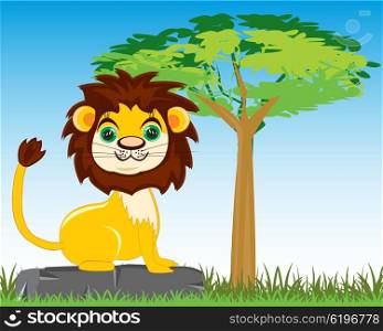 Animal lion in savannah. Vector illustration animal lion on background tree in savannah
