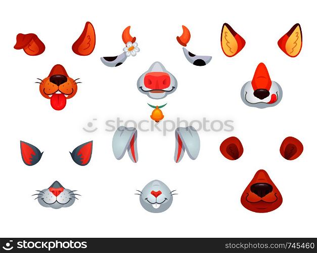 Animal masks. Video chat character dog, cat, fox, bear, bunny and cow colorful funny cartoon video mask symbol. Phone photo decor face filter with animals ears and nose snout icon vector isolated set. Animal masks. Video chat dog, cat, fox, bear, bunny and cow mask. Phone photo face filter with animals ears and nose vector set