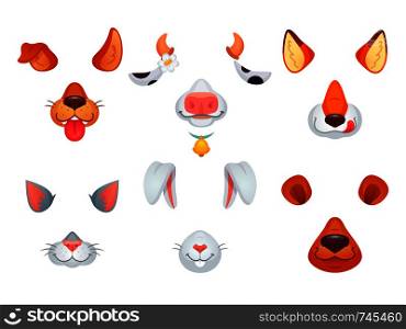 Animal masks. Video chat character dog, cat, fox, bear, bunny and cow colorful funny cartoon video mask symbol. Phone photo decor face filter with animals ears and nose snout icon vector isolated set. Animal masks. Video chat dog, cat, fox, bear, bunny and cow mask. Phone photo face filter with animals ears and nose vector set