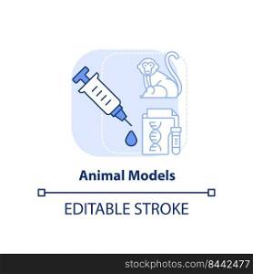 Animal models light blue concept icon. Pandemic preparedness preclinical research abstract idea thin line illustration. Isolated outline drawing. Editable stroke. Arial, Myriad Pro-Bold fonts used. Animal models light blue concept icon
