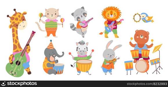 Animal musician party. Wild animals play musical instruments. Cute celebration or festival, cartoon kids characters. Nowaday funny vector musicians. Illustration of instrument animal music character. Animal musician party. Wild animals play musical instruments. Cute celebration or festival, cartoon kids characters. Nowaday funny vector musicians