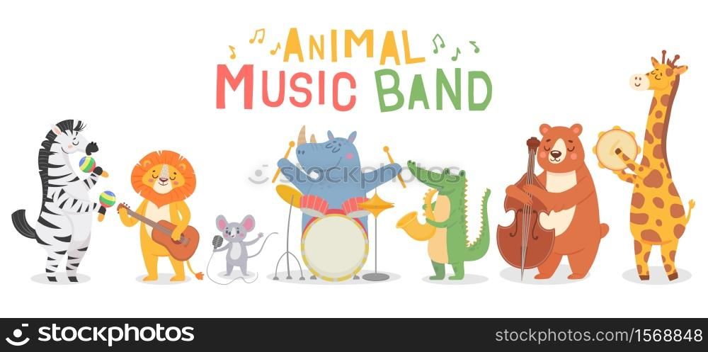 Animal musicians characters. Funny animals play musical instruments, musicians with guitar, sax and maracas, violin kids cartoon vector set. Iillustration musician animal, character with instrument. Animal musicians characters. Funny animals play musical instruments, musicians with guitar, sax and maracas, violin kids cartoon vector set
