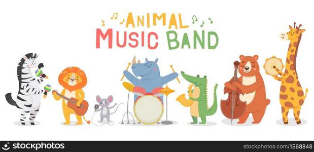 Animal musicians characters. Funny animals play musical instruments, musicians with guitar, sax and maracas, violin kids cartoon vector set. Iillustration musician animal, character with instrument. Animal musicians characters. Funny animals play musical instruments, musicians with guitar, sax and maracas, violin kids cartoon vector set