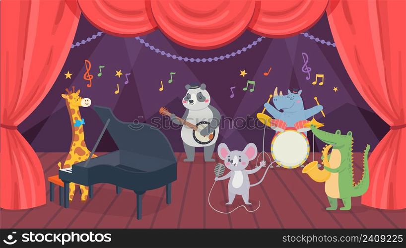 Animal musicians characters on theatre stage. Giraffe, rhino, crocodile and panda playing piano, drums and saxophone. Mouse singing song in microphone, musical band or orchestra vector. Animal musicians characters on theatre stage. Giraffe, rhino, crocodile and panda playing piano, drums and saxophone