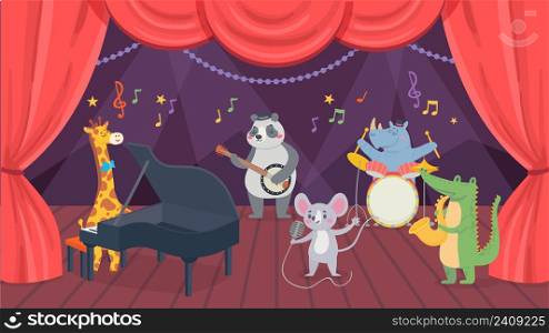 Animal musicians characters on theatre stage. Giraffe, rhino, crocodile and panda playing piano, drums and saxophone. Mouse singing song in microphone, musical band or orchestra vector. Animal musicians characters on theatre stage. Giraffe, rhino, crocodile and panda playing piano, drums and saxophone