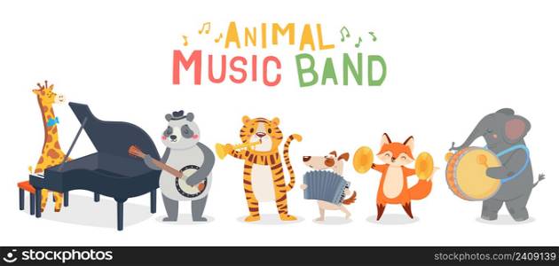 Animal musicians characters playing different musical instruments. Jazz band performing melody. Giraffe playing piano, elephant with drum, tiger with trumpet, festival or show vector illustration. Animal musicians characters playing different musical instruments. Jazz band performing melody. Giraffe playing piano