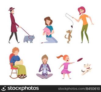 Animal owners. Domestic pets people love their animals dogs cats parrots various birds exact vector cartoon characters. Illustration of owner animal love pets. Animal owners. Domestic pets people love their animals dogs cats parrots various birds exact vector cartoon characters