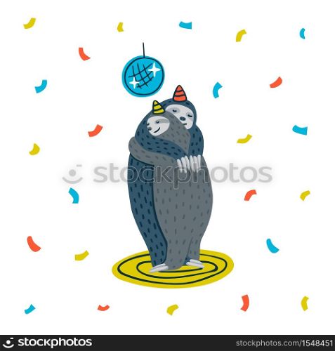 Animal party. Lazy sloth party. Couple of sloths dancing on a dance floor. Vector illustration. Animal party. Lazy sloth party. Couple of sloths dancing on a dance floor. Vector illustration.