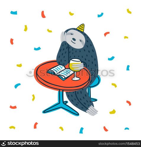 Animal party. Lazy sloth party. Cute sloth sitting at a table with book and wine. Vector illustration. Animal party. Lazy sloth party. Cute sloth sitting at a table with book and wine. Vector illustration.