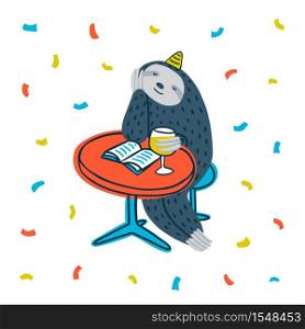 Animal party. Lazy sloth party. Cute sloth sitting at a table with book and wine. Vector illustration. Animal party. Lazy sloth party. Cute sloth sitting at a table with book and wine. Vector illustration.