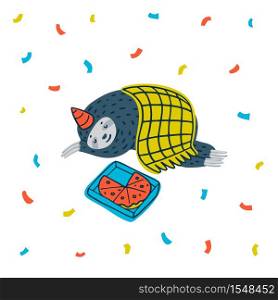 Animal party. Lazy sloth party. Cute sloth sleeping cozy curled up under the blanket with pizza box. Vector illustration. Animal party. Lazy sloth party. Cute sloth sleeping with pizza. Vector illustration.