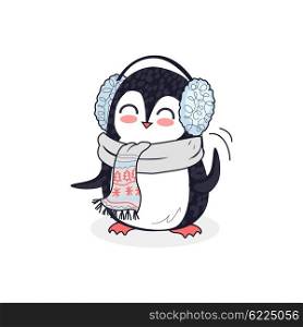 Animal penguin design flat. Bird penguin vector, cartoon polar animal winter isolated, penguin in scarf, wild penguin character in headphones illustration