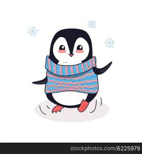 Animal penguin design flat. Bird penguin vector, cartoon polar animal winter isolated, penguin in scarf, wild penguin character illustration