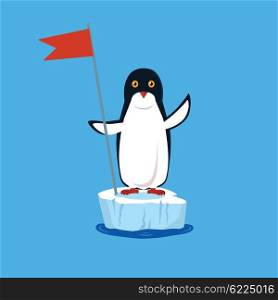 Animal penguin design flat. Bird penguin vector, cartoon polar animal winter isolated, wild character illustration. Penguin holding a red flag