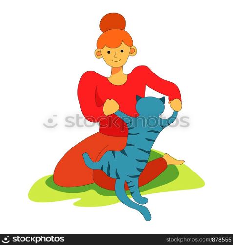 Animal pet playing with owner smiling woman on grass vector. Person with furry kitty, lady spending time with friend. Fluffy and soft kitten dancing on paws, domestic mammal outside, summer season. Animal pet playing with owner woman on grass vector