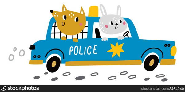 Animal police. Cute rabbit driving patrol car isolated on white background. Animal police. Cute rabbit driving patrol car