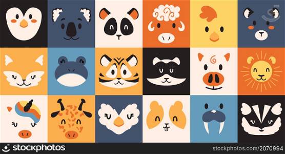 Animal portraits. Cute wild and domestic creature avatars. Minimalistic cartoon penguin, toad and panda heads. Koala, sheep or chick faces. Fluffy fox, tiger and raccoon. Vector birds and mammals set. Animal portraits. Wild and domestic creature avatars. Minimalistic penguin, toad and panda heads. Koala, sheep or chick faces. Fluffy fox, tiger and raccoon. Vector birds and mammals set