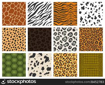 Animal print. Reptile and mammal texture collection, tiger leopard zebra skin camouflage printing, animal fur pattern. Vector seamless fashion set of background seamless texture reptile illustration. Animal print. Reptile and mammal texture collection, tiger leopard zebra skin camouflage printing, animal fur pattern. Vector seamless fashion set