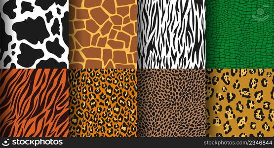 Animal print seamless pattern, tiger, leopard skin background. Cheetah, zebra, giraffe skins, wild jungle animals prints texture vector set. Fashionable repeating fabric for clothes. Animal print seamless pattern, tiger, leopard skin background. Cheetah, zebra, giraffe skins, wild jungle animals prints texture vector set