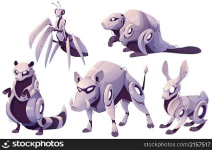 Animal robots, cyborgs hare, beaver, boar, raccoon and insect wasp. Cartoon robotics animalistic machine characters, mechanical and electronic smart ai transformer personages isolated Vector set. Animal robots hare, beaver, boar, raccoon and wasp