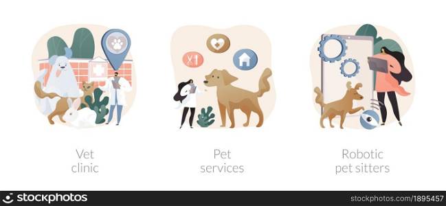 Animal services abstract concept vector illustration set. Vet clinic, pet services, robotic pet sitters, dog walking, grooming salon, veterinary hospital medical care, vaccination abstract metaphor.. Animal services abstract concept vector illustrations.