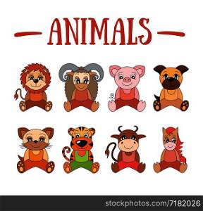 Animal set. Lion, sheep, pig, dog, cat, tiger, caw, horse, pet, wild, farm. Cartoon illustrations for kids