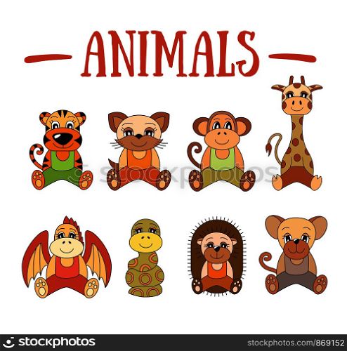 Animal set. Wild and farm. Tiger, cat, monkey, giraffe, dragon, snake, hedgehog, mouse, rat, pet. Cartoon illustrations for kids