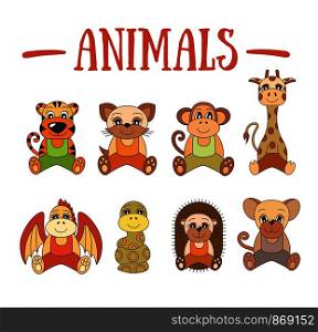 Animal set. Wild and farm. Tiger, cat, monkey, giraffe, dragon, snake, hedgehog, mouse, rat, pet. Cartoon illustrations for kids