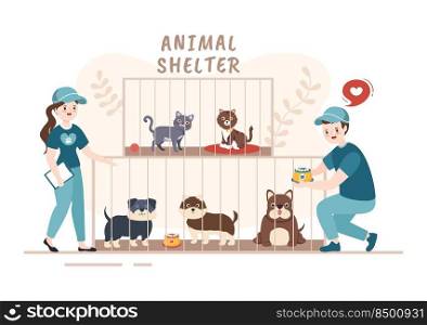 Animal Shelter Cartoon Illustration with Pets Sitting in Cages and Volunteers Feeding Animals for Adopting in Flat Hand Drawn Style Design