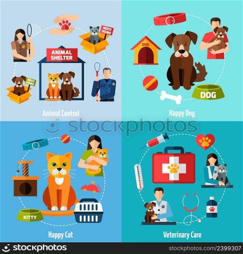 Animal shelter design concept set with veterinary care flat icons isolated vector illustration. Animal shelter set