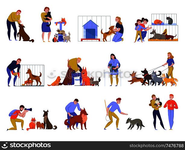 Animal shelter dogs cats set with doodle style human characters and animals isolated images of pets vector illustration