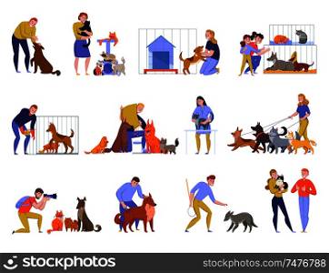 Animal shelter dogs cats set with doodle style human characters and animals isolated images of pets vector illustration