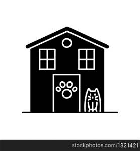 Animal shelter exterior sign black glyph icon. Stray cats and dogs house, homeless animals care place. Kitty welcome area. Silhouette symbol on white space. Vector isolated illustration