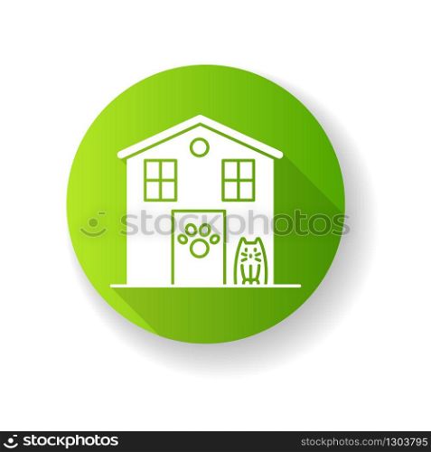 Animal shelter exterior sign green flat design long shadow glyph icon. Stray cats and dogs house, homeless animals care place. Kitty welcome area. Silhouette RGB color illustration