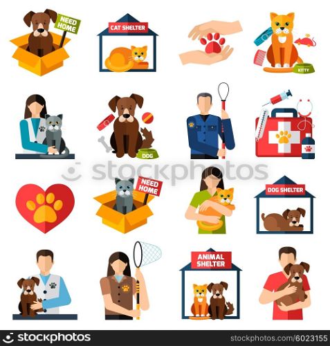Animal shelter icons set. Animal shelter icons set with volunteers with cats and dogs isolated vector illustration