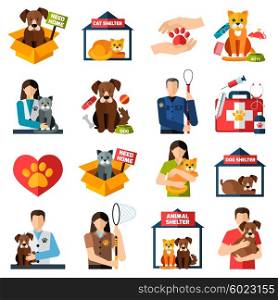 Animal shelter icons set. Animal shelter icons set with volunteers with cats and dogs isolated vector illustration