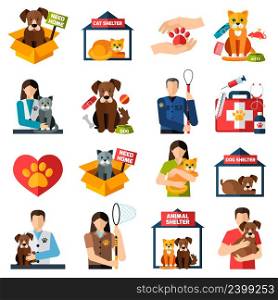 Animal shelter icons set with volunteers with cats and dogs isolated vector illustration. Animal shelter icons set