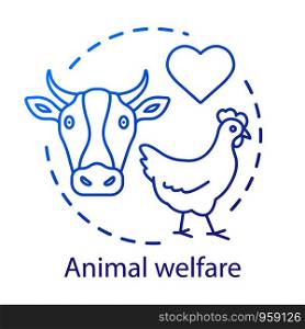Animal shelter, welfare concept icon. Voluntary wildlife protection idea thin line illustration. Veterinary clinic, farming business. Heart symbol, chicken and cow vector isolated outline drawing