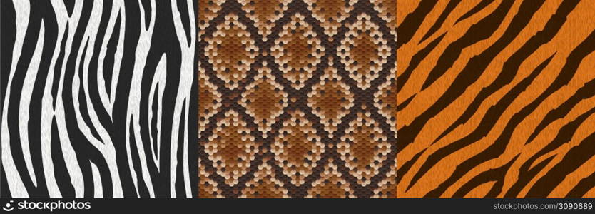 Animal skin and fur seamless textures, snake, zebra and tiger wool and leather swatches for game. Realistic 3d vector repeated patterns, textile backgrounds of natural or artificial skins samples set. Animal skin or fur textures snake, zebra and tiger
