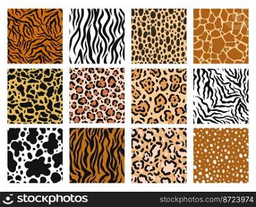 Animal skin pattern. Zoo prints of mammals fur, safari material and jaguar fashion background. Zebra, giraffe and tiger skins seamless vector set. Dotted or spotted and striped textile design. Animal skin pattern. Zoo prints of mammals fur, safari material and jaguar fashion background. Zebra, giraffe and tiger skins seamless vector set