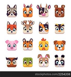 Animal square face. Cute cartoon UI icons with funny muzzles, wildlife and domestic heads. Kawaii raccoon, bear, tiger and rabbit. Avatar pig, panda and cow. Dog and cat portrait vector isolated set. Animal square face. Cute cartoon UI icons with funny muzzles, wildlife and domestic heads. Kawaii raccoon, bear, tiger and rabbit. Avatar pig, panda and cow. Portraits vector isolated set