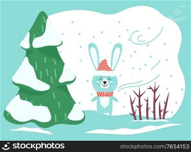 Animal stand alone on snow in winter forest. White hare or rabbit walking among fir trees and shrubs in snowy wood. Cartoon character dressed in hat and scarf. Vector illustration in flat style. Hare or Rabbit Stand in Winter Forest, Wild Animal