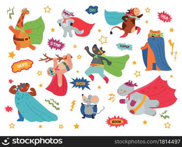 Animal superhero. Cartoon child animals, hero costume on cat giraffe. Brave wild bear wolf, wild character in superman cape decent vector set. Animal mascot in cloak, sloth and mouse illustration. Animal superhero. Cartoon child animals, hero costume on cat giraffe. Brave wild bear wolf, wild character in superman cape decent vector set