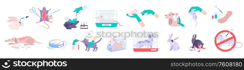 Animal testing icons set with experiment symbols flat isolated vector illustration. Animal Testing Icons Set